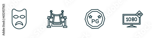 set of 4 linear icons from cinema concept. outline icons included sad mask, red carpet, parental guidance, 1080p hd tv vector