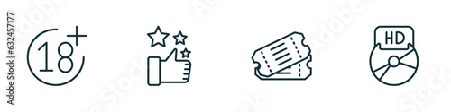 set of 4 linear icons from cinema concept. outline icons included plus 18 movie, thumb up with star, two movie tickets, hd dvd vector