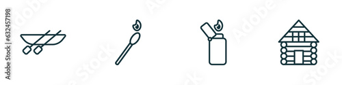 set of 4 linear icons from camping concept. outline icons included canoe, matches, lighter, cabin vector