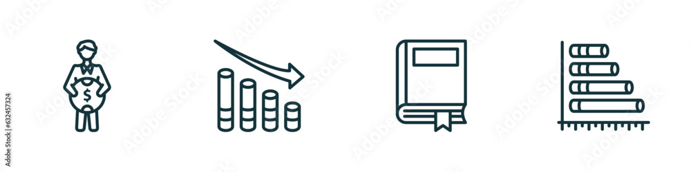 set of 4 linear icons from business concept. outline icons included man holding a big coin, marketing chart, story, horizontal bar chart vector set of 4 linear icons from business concept. outline icons included man holding a big coin, marketing chart, story, horizontal bar chart vector