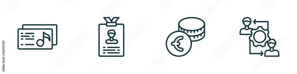 set of 4 linear icons from business concept. outline icons included music business card, identity card, euro coins stack, rearrange vector set of 4 linear icons from business concept. outline icons included music business card, identity card, euro coins stack, rearrange vector