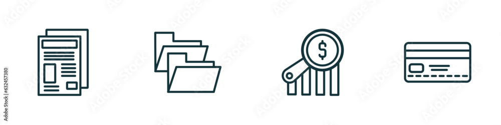 set of 4 linear icons from business concept. outline icons included newspaper page, two folders, money finder, banking card vector set of 4 linear icons from business concept. outline icons included newspaper page, two folders, money finder, banking card vector