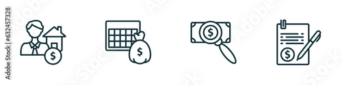 set of 4 linear icons from business concept. outline icons included mortgage and man, economy games, dollar business search, bailment vector