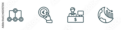set of 4 linear icons from business concept. outline icons included item connections, euro coin on hands, bank teller, globe analytics vector