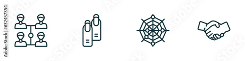 set of 4 linear icons from business concept. outline icons included increase team work, nails, spider chart, shaking hands vector