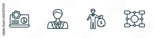 set of 4 linear icons from business concept. outline icons included laptop analysis, man with solutions, man carrying money, item interconnections vector