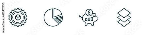 set of 4 linear icons from business concept. outline icons included proof of work, pie chart statistics, purpose of saving money, stack vector