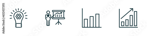 set of 4 linear icons from business concept. outline icons included strategic, graphic panel and man, graphic chart, growing bar graph vector