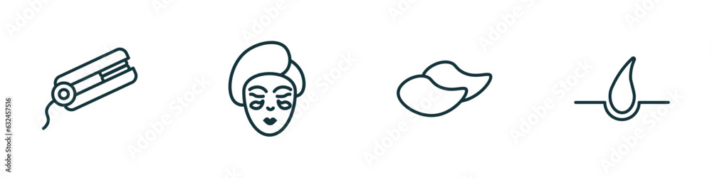set of 4 linear icons from beauty concept. outline icons included flat iron, face mask, patches, hair vector