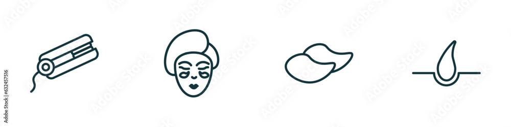 set of 4 linear icons from beauty concept. outline icons included flat iron, face mask, patches, hair vector set of 4 linear icons from beauty concept. outline icons included flat iron, face mask, patches, hair vector