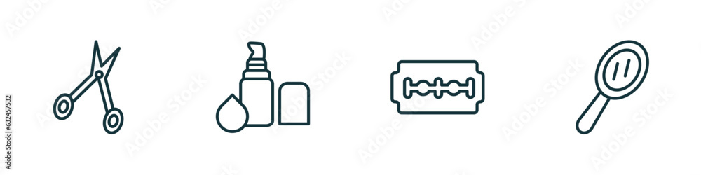 set of 4 linear icons from beauty concept. outline icons included hair scissors, concealer, big razor blade, hand mirror vector set of 4 linear icons from beauty concept. outline icons included hair scissors, concealer, big razor blade, hand mirror vector