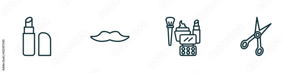 set of 4 linear icons from beauty concept. outline icons included inclined lipstick, big moustache, makeup, open hair scissors vector set of 4 linear icons from beauty concept. outline icons included inclined lipstick, big moustache, makeup, open hair scissors vector