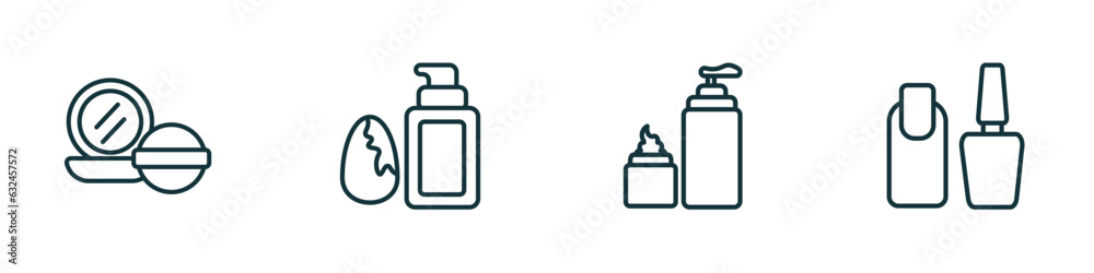 set of 4 linear icons from beauty concept. outline icons included powder, liquid makeup, skincare, manicure vector