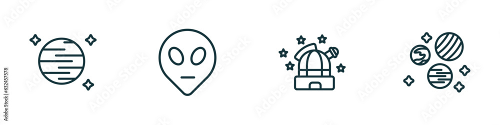 set of 4 linear icons from astronomy concept. outline icons included neptune with satellite, extraterrestrial, observatory, planets vector