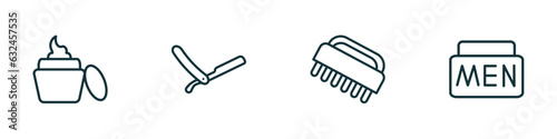 set of 4 linear icons from beauty concept. outline icons included facial cream, vintage razor, nail brush, men cream vector