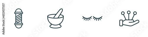 set of 4 linear icons from beauty concept. outline icons included barber shop, mortar bowl, two eyelashes, massage vector
