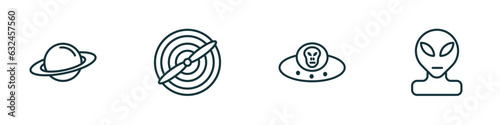 set of 4 linear icons from astronomy concept. outline icons included saturn, airscrew, alien with aqualung, alien vector
