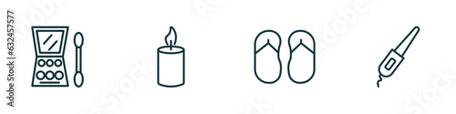 set of 4 linear icons from beauty concept. outline icons included big makeup box, candle light, two flip flops, curlers vector