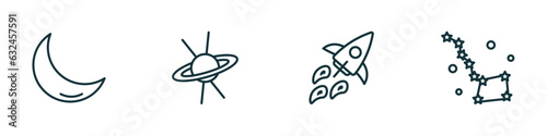 set of 4 linear icons from astronomy concept. outline icons included crescent moon, quasar, rocket flying, ursa major vector