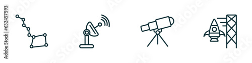 set of 4 linear icons from astronomy concept. outline icons included big dipper, voyager, telescope pointing up, spaceport vector