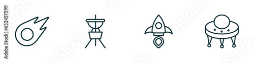 set of 4 linear icons from astronomy concept. outline icons included comet, dioptra, aerospace, big ufo vector
