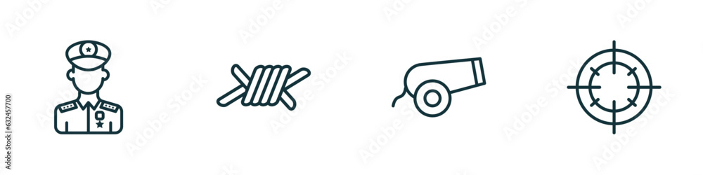 set of 4 linear icons from army and war concept. outline icons included general, barbed, canon, target vector