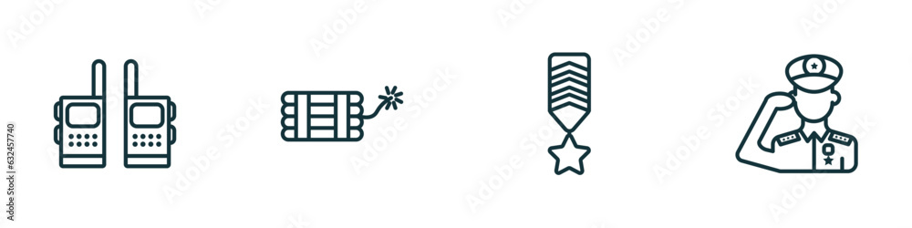 set of 4 linear icons from army concept. outline icons included two way radio, dynamite, militar in, salute vector