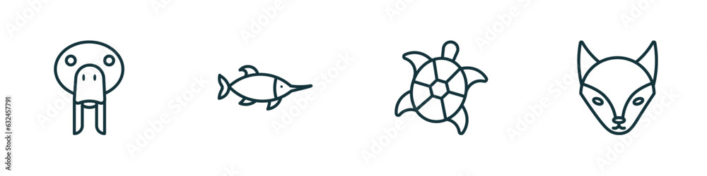 set of 4 linear icons from animals concept. outline icons included sea cow, swordfish, turtle, fox vector set of 4 linear icons from animals concept. outline icons included sea cow, swordfish, turtle, fox vector