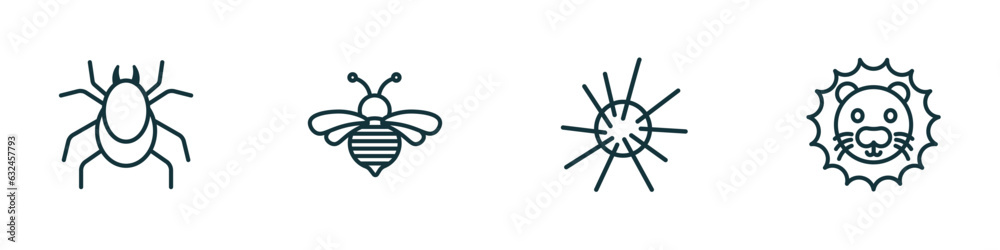 set of 4 linear icons from animals concept. outline icons included mite, bee, sea urchin, lion vector set of 4 linear icons from animals concept. outline icons included mite, bee, sea urchin, lion vector
