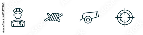 set of 4 linear icons from army and war concept. outline icons included general, barbed, canon, target vector