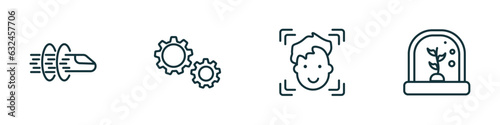 set of 4 linear icons from artificial intellegence concept. outline icons included hyperloop, hine, face recognition, artificial atmosphere vector