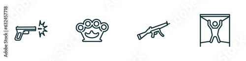 set of 4 linear icons from army and war concept. outline icons included gun shooting, knuckle, automatic gun, torture vector