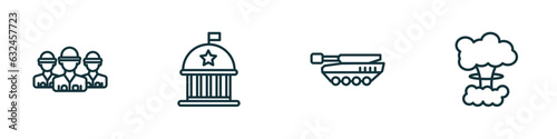 set of 4 linear icons from army and war concept. outline icons included brigade, federal agency, tank, bomb detonation vector