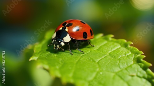 Macro Photo of Ladybug on Green Leaf Background. Generative Ai