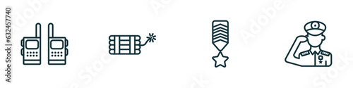 set of 4 linear icons from army concept. outline icons included two way radio, dynamite, militar in, salute vector