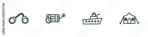 set of 4 linear icons from army and war concept. outline icons included pair of handcuffs, time bomb with clock, naval, militar tent vector