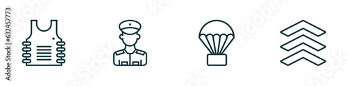 set of 4 linear icons from army and war concept. outline icons included bulletproof, lieutenant, parachute, chevrons vector photo