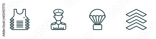 set of 4 linear icons from army and war concept. outline icons included bulletproof, lieutenant, parachute, chevrons vector