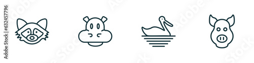 set of 4 linear icons from animals concept. outline icons included racoon, hippopotamus, pelican, pig vector