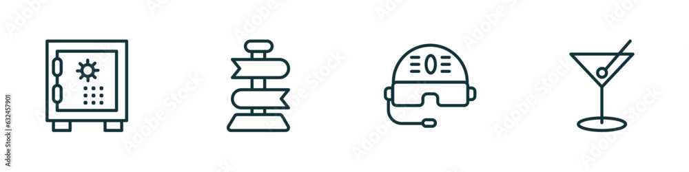 set of 4 linear icons from airport terminal concept. outline icons included big safe box, direction post, pilot helmet, martini with olive vector set of 4 linear icons from airport terminal concept. outline icons included big safe box, direction post, pilot helmet, martini with olive vector