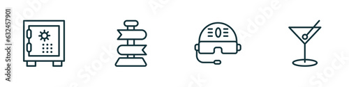 set of 4 linear icons from airport terminal concept. outline icons included big safe box, direction post, pilot helmet, martini with olive vector