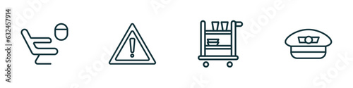 set of 4 linear icons from airport terminal concept. outline icons included airplane seat, danger sing, trolley with food, pilot hat vector
