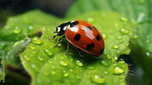 Macro Photo of Ladybug on Green Leaf Background. Generative Ai © CYBERUSS