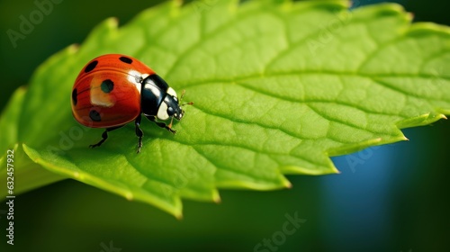 Macro Photo of Ladybug on Green Leaf Background. Generative Ai