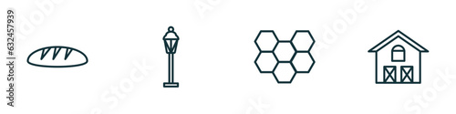 set of 4 linear icons from agriculture farming concept. outline icons included bread, lamppost, honeycomb, farm house vector