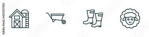 set of 4 linear icons from agriculture farming concept. outline icons included farm  barrow  farmer boots  sheep vector