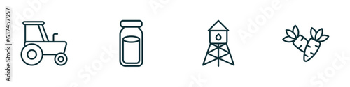 set of 4 linear icons from agriculture farming concept. outline icons included tractor, milk jar, water tower, carrots vector