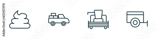set of 4 linear icons from agriculture farming concept. outline icons included poo, pickup, combine harvester, trailer vector