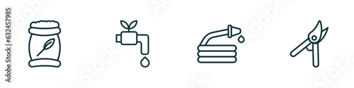 set of 4 linear icons from agriculture farming concept. outline icons included fertilizer, irrigation, hose, pruners vector