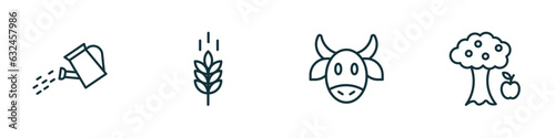 set of 4 linear icons from agriculture farming concept. outline icons included watering, oat, ox, monoculture vector © Farahim